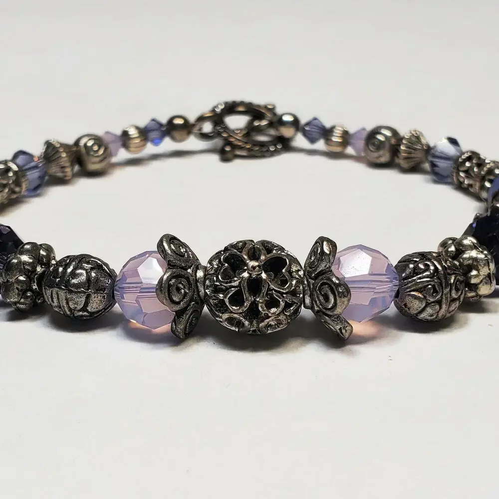 Purple Crystal Silver Tone Bead Toggle Bracelet 8